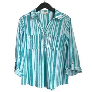 Tea, Please Women's Blouse Size Small Aqua White Stripes Shirt Tea Please